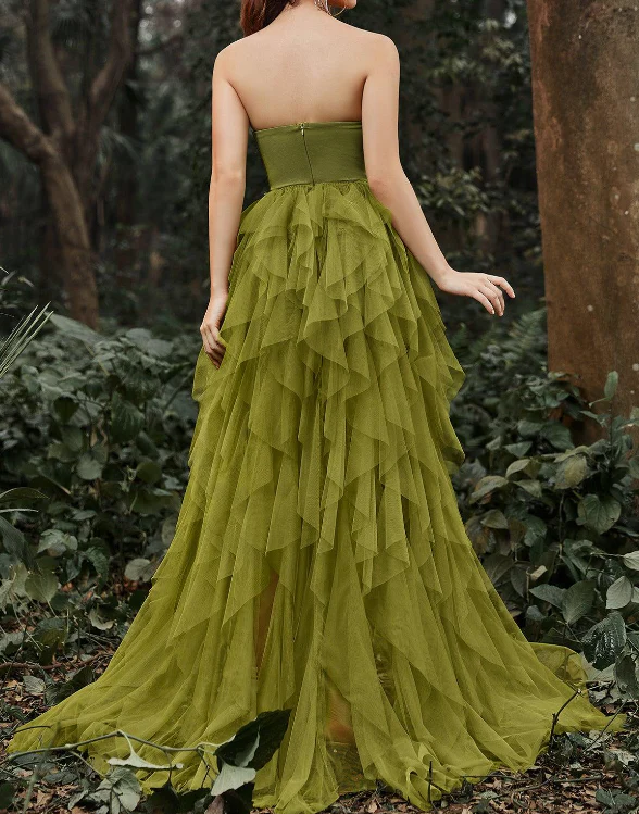 Robe de bal bustier en dentelle verte à volants, robe de soirée trapèze J3811