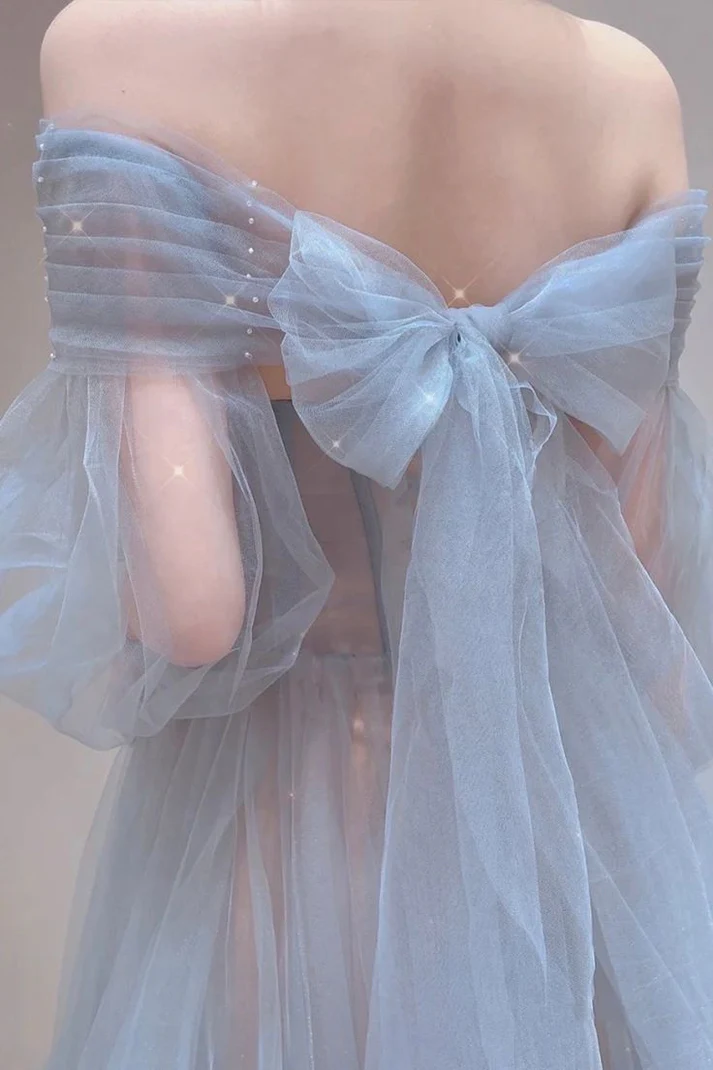 Robe de bal longue en tulle bleu A Lline, robe de soirée à manches longues en tulle J3816