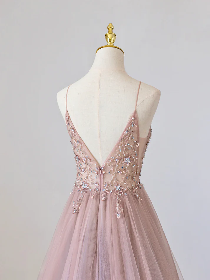 Robe de bal longue rose en tulle et col en V, robe de soirée trapèze perlée J3822