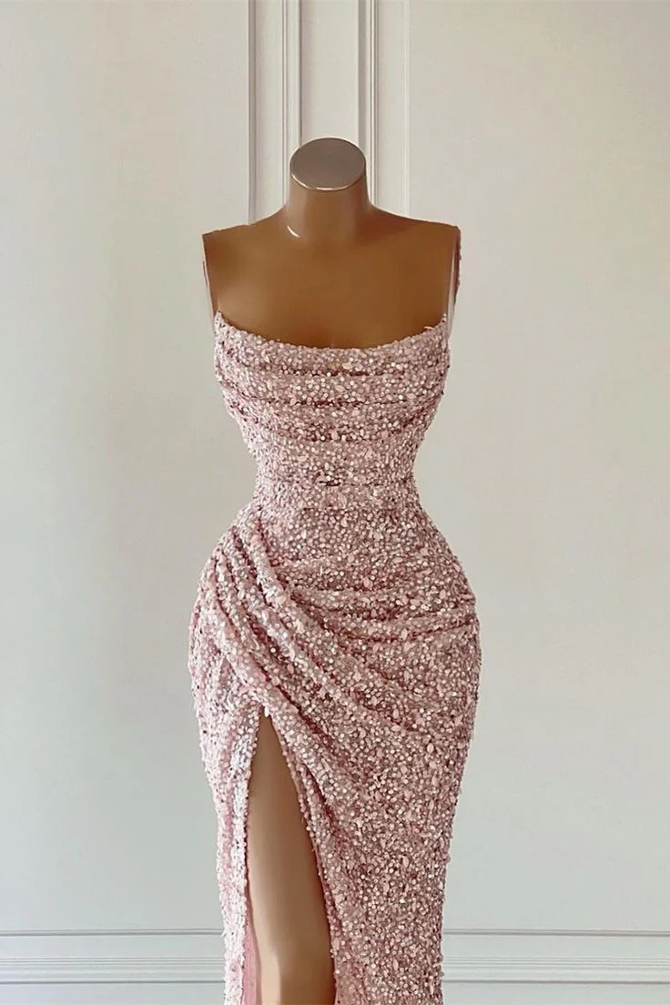Robe de bal fourreau rose à paillettes et fente J3945