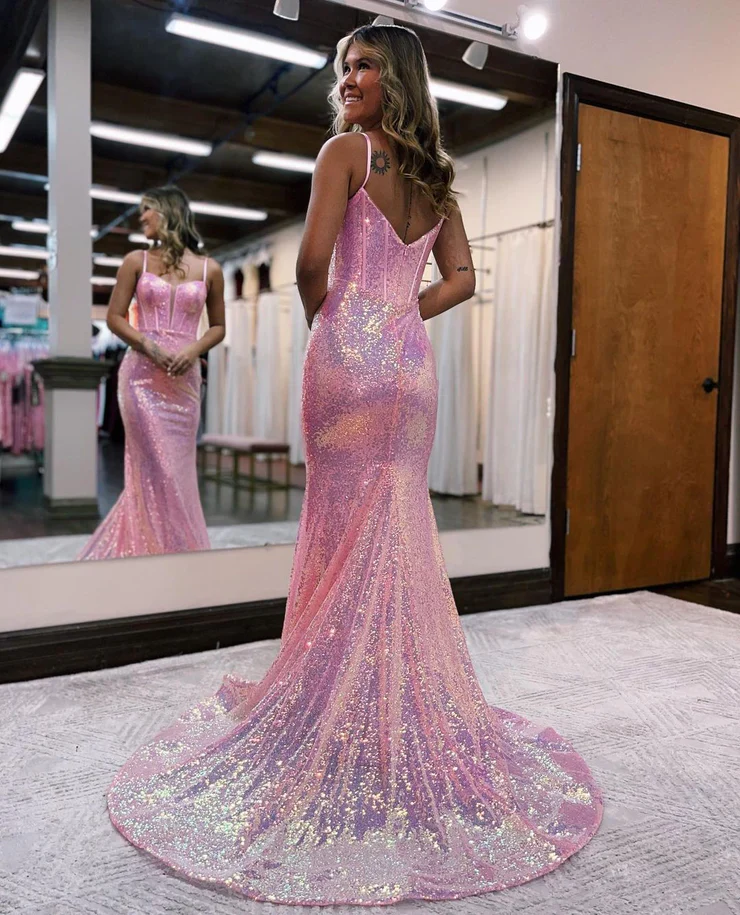 Robe de bal longue à paillettes roses et décolleté en cœur, style sirène scintillant J3946