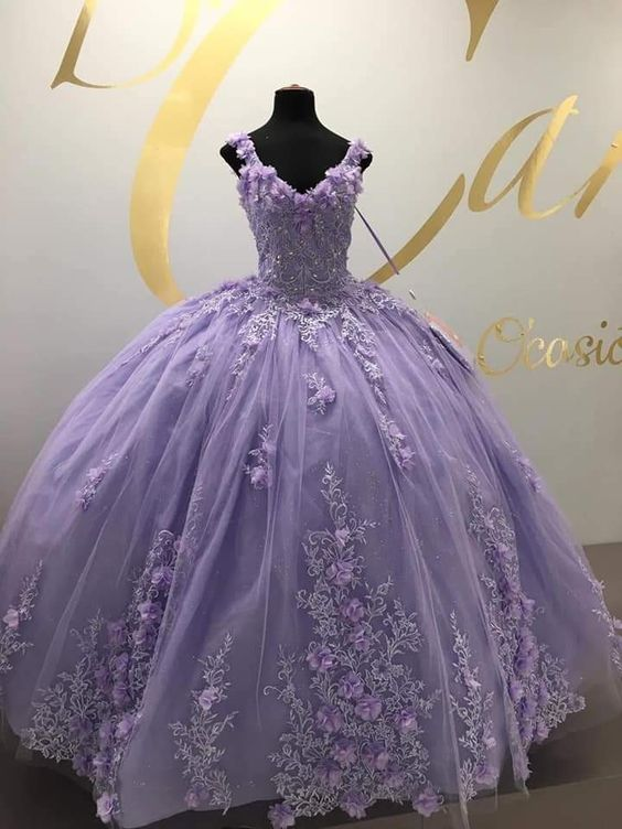 Lavendel Tüll Quinceanera Langes Ballkleid Formale Geburtstagsfeier Ballkleid J3949