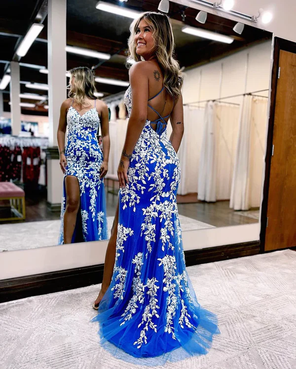 Robe de bal longue sirène en tulle bleu et dentelle blanche avec fente J3951