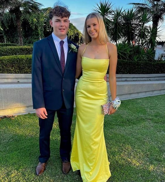 Robe de bal sirène jaune en satin, robe de soirée J3958