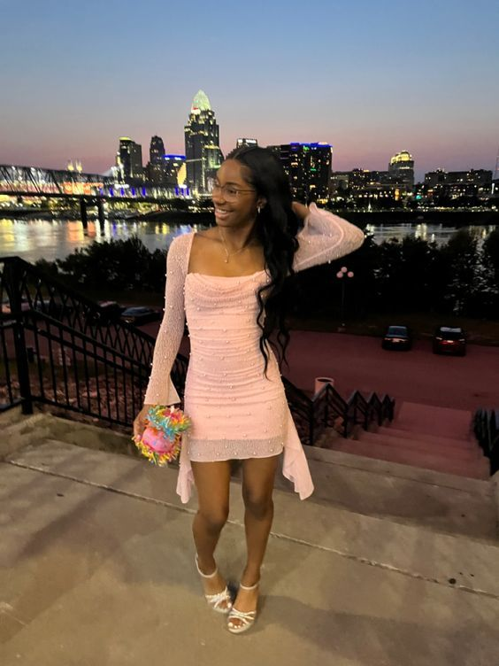 Sexy Birthday Dresses Tight Pink Pearls Homecoming Dress J4004