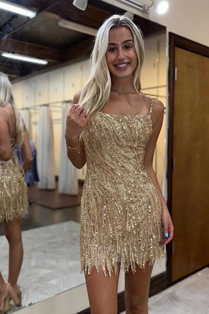 Sparkly Sheath Gold Sequin Short Homecoming Dress J4049