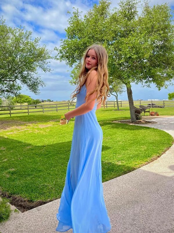Elegant Blue Square Neck Long Party Prom Dresses Evening Dress J4083
