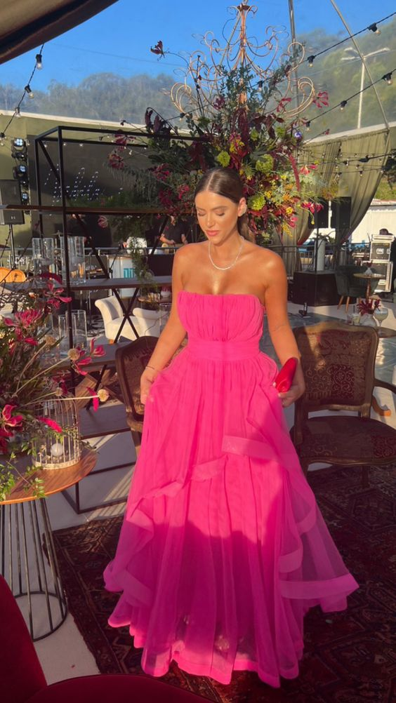 Strapless A Line Hot Pink Long Prom Dress Ruffle Formal Party Gown J41 JulyProm Strapless A Line Hot Pink Long Prom Dress Ruffle Formal Party Gown J41 JulyProm