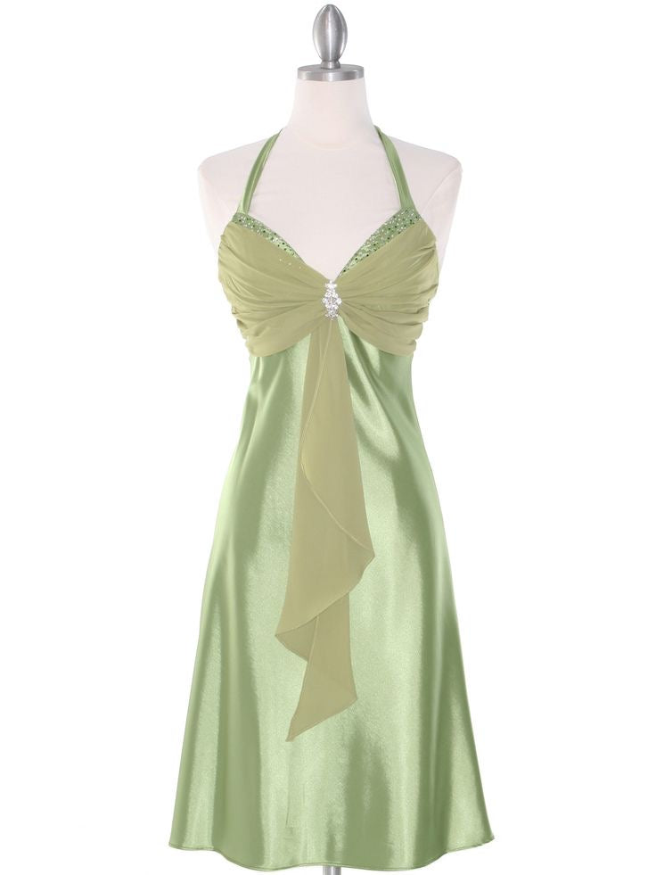 Robe de soirée en satin vert à col en V et coupe trapèze J3204