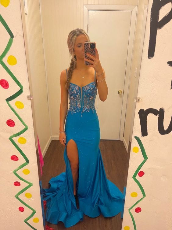 Robe de bal longue sirène bleue avec fente J3206