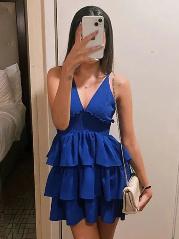 V-Ausschnitt A-Linie Blaues Geburtstagskleid Lagen Kurzes Ballkleid J4215