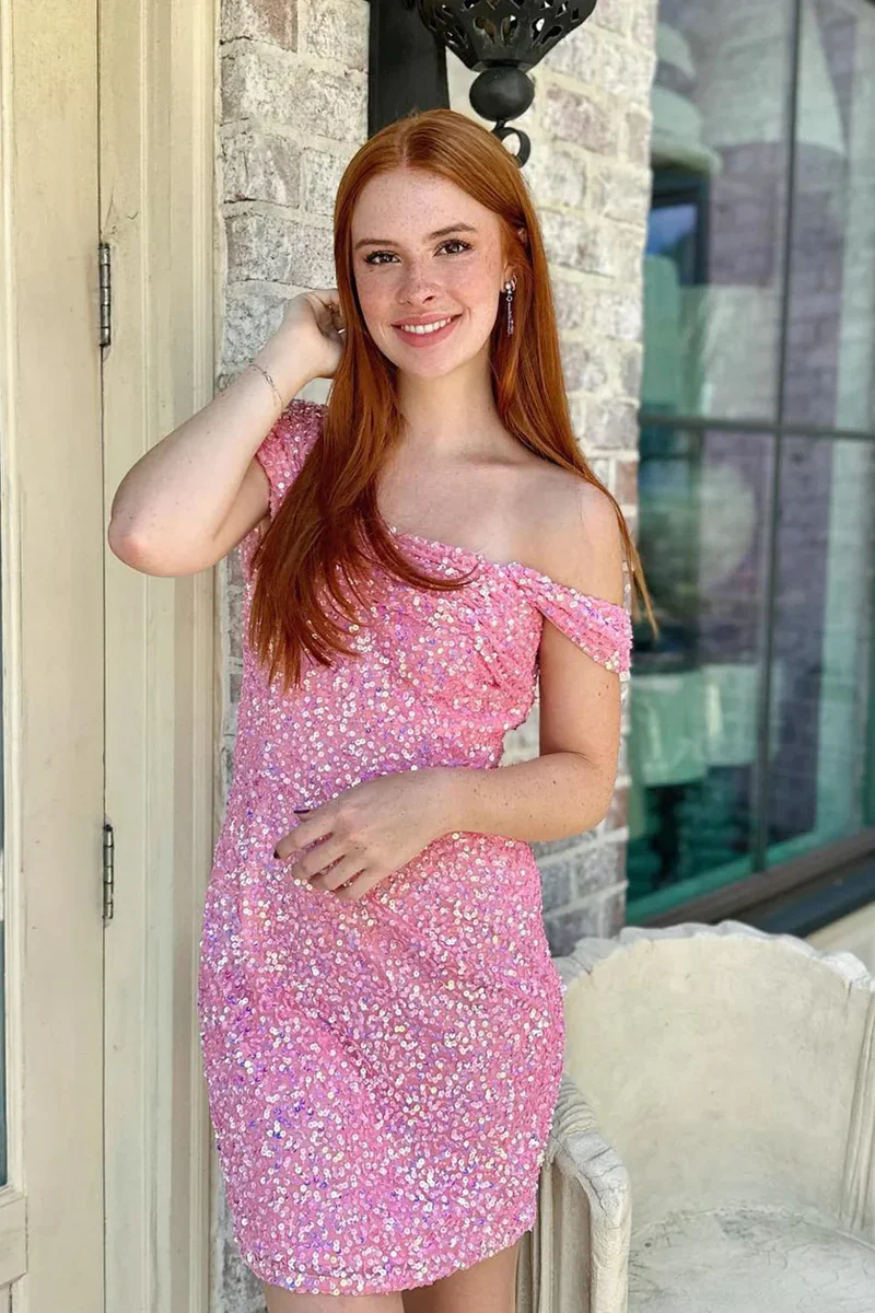 Robe de soirée courte à paillettes roses et épaules dénudées J4224