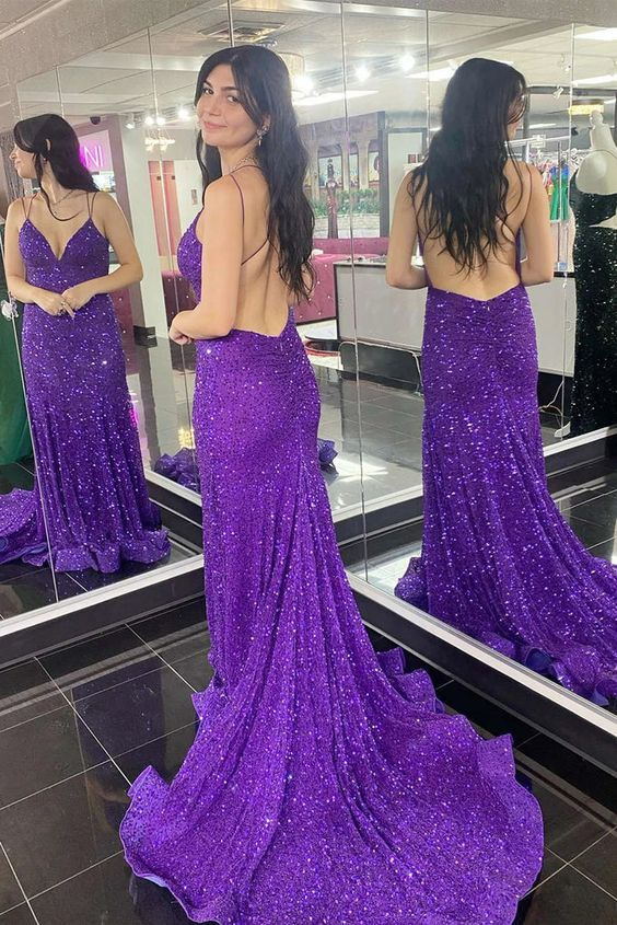 Robe de soirée sirène longue à paillettes violettes J4241