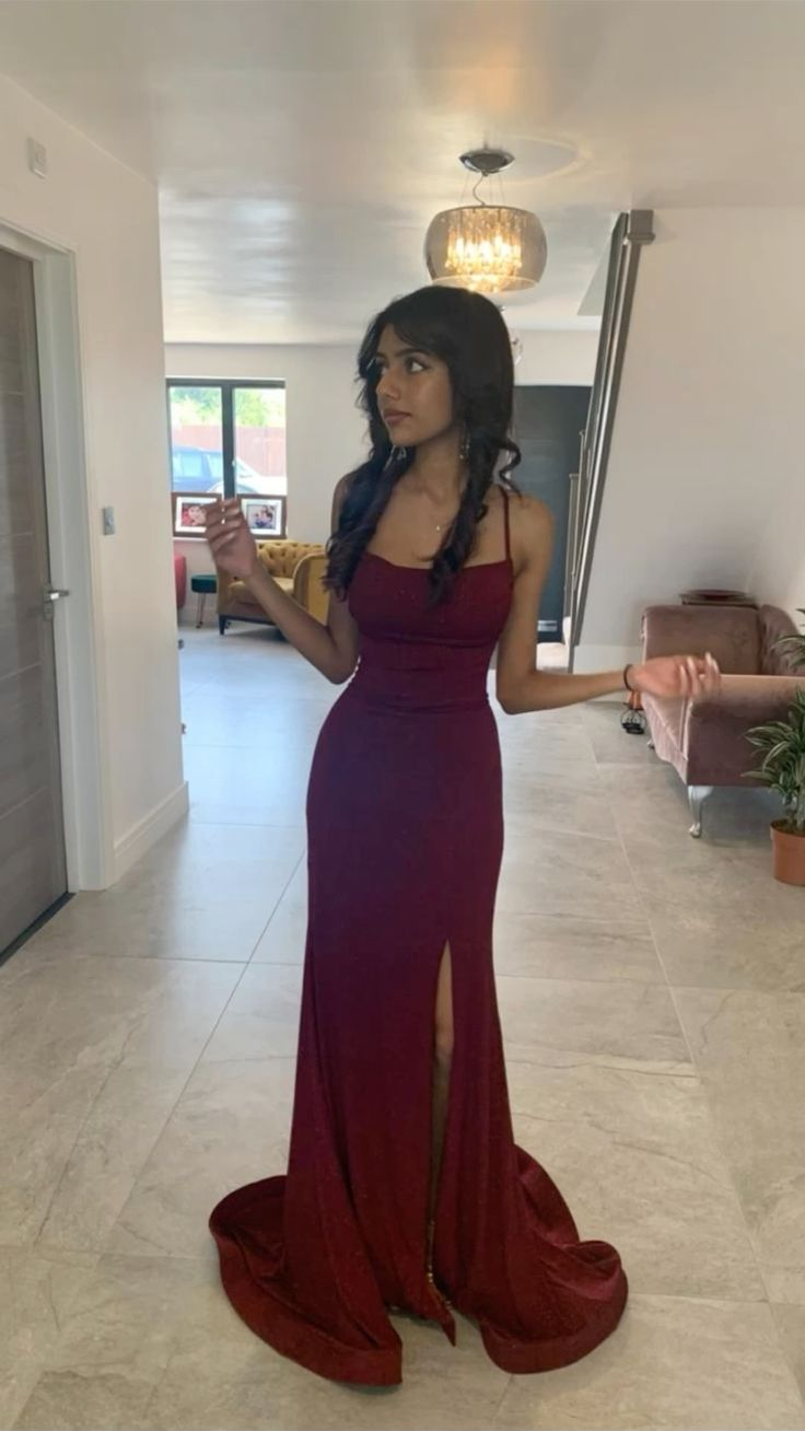 Funkelndes Burgunderrotes Meerjungfrau-Ballkleid mit Schlitz, langes formelles Partykleid J4256