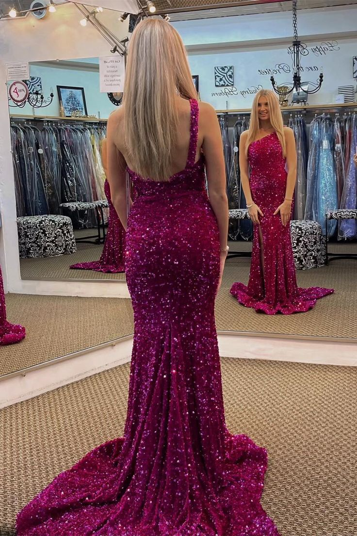 Fuchsia Sequin One Shoulder Mermaid Long Prom Dress With Slit J4258