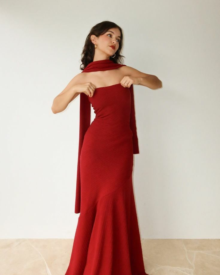 Robe de soirée longue rouge sirène sans bretelles J4305