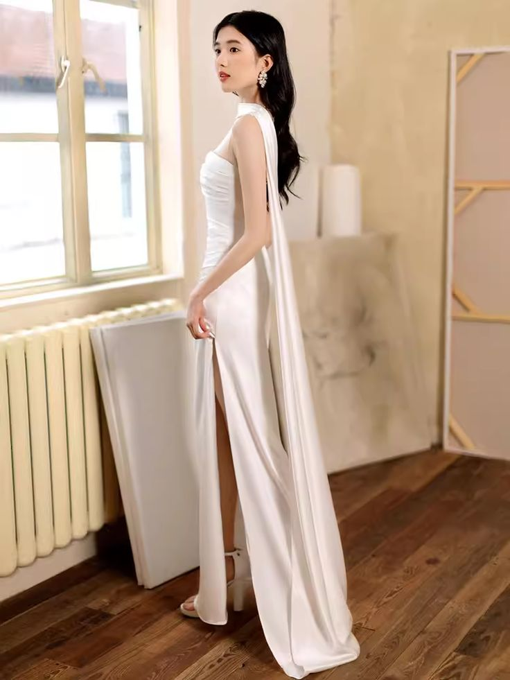 White Sheath Strapless Long Prom Dresses Slit Birthday Outfits J4308