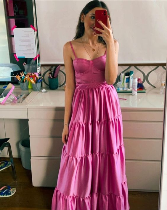 Robe de bal longue rose vif coupe trapèze, robe de soirée formelle J4320