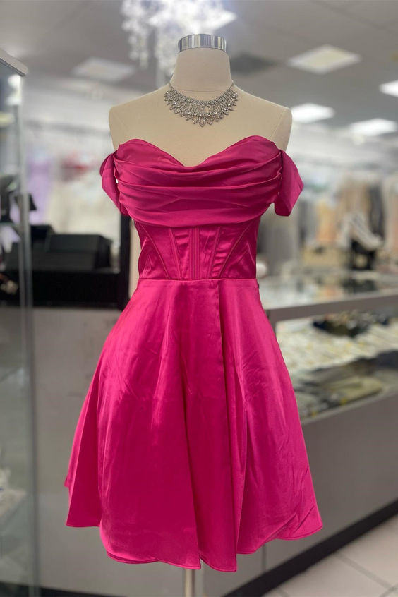 Robe de bal courte à épaules dénudées et coupe trapèze, rose vif, J4339