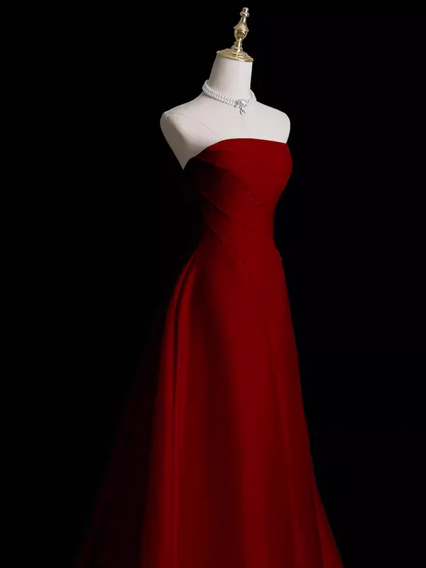 Trägerloses rotes A-Linien-Ballkleid, langes Abendkleid, Geburtstagspartykleid J4357
