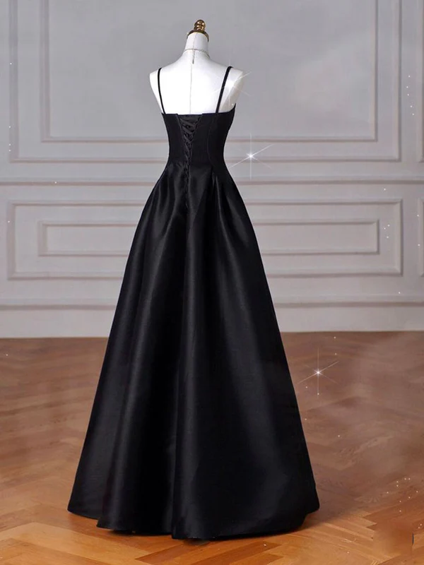 Robe de soirée longue élégante en satin noir, coupe trapèze, J4358