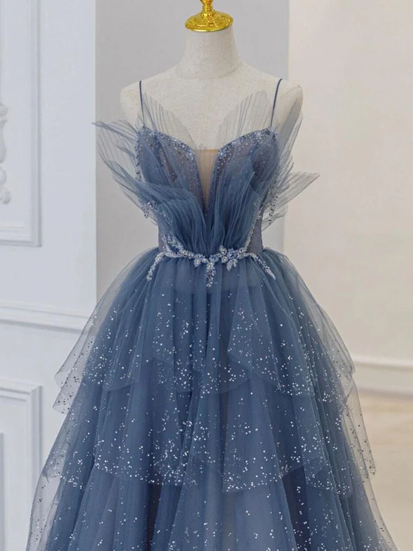 Robe de bal longue en tulle bleu à paillettes et perles, tenue de bal pour 15 ans, J4363