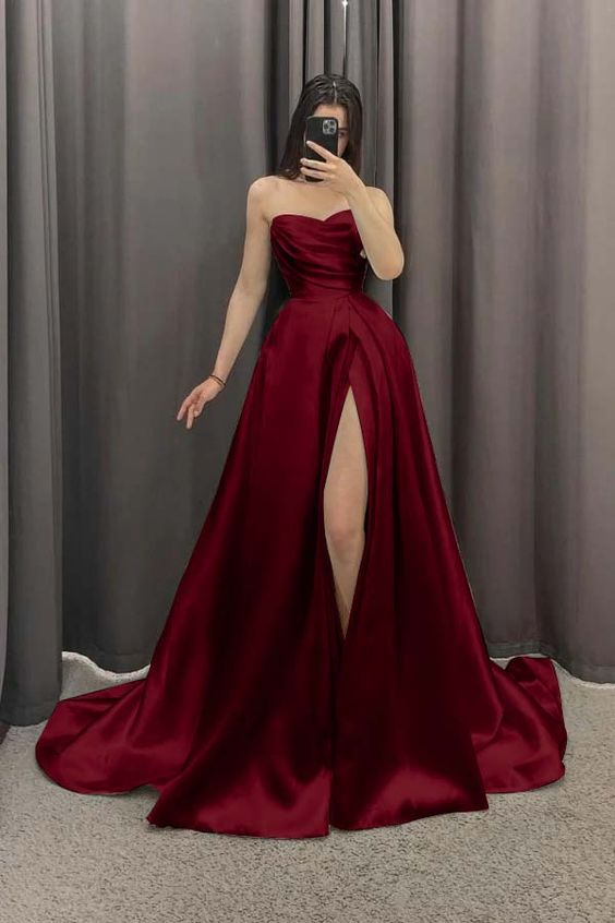 Robe de bal longue en satin, élégante, coupe trapèze, épaules dénudées, avec fente, J4386