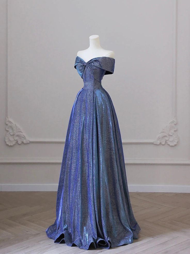 Robe de bal trapèze bleue scintillante à épaules dénudées J4388