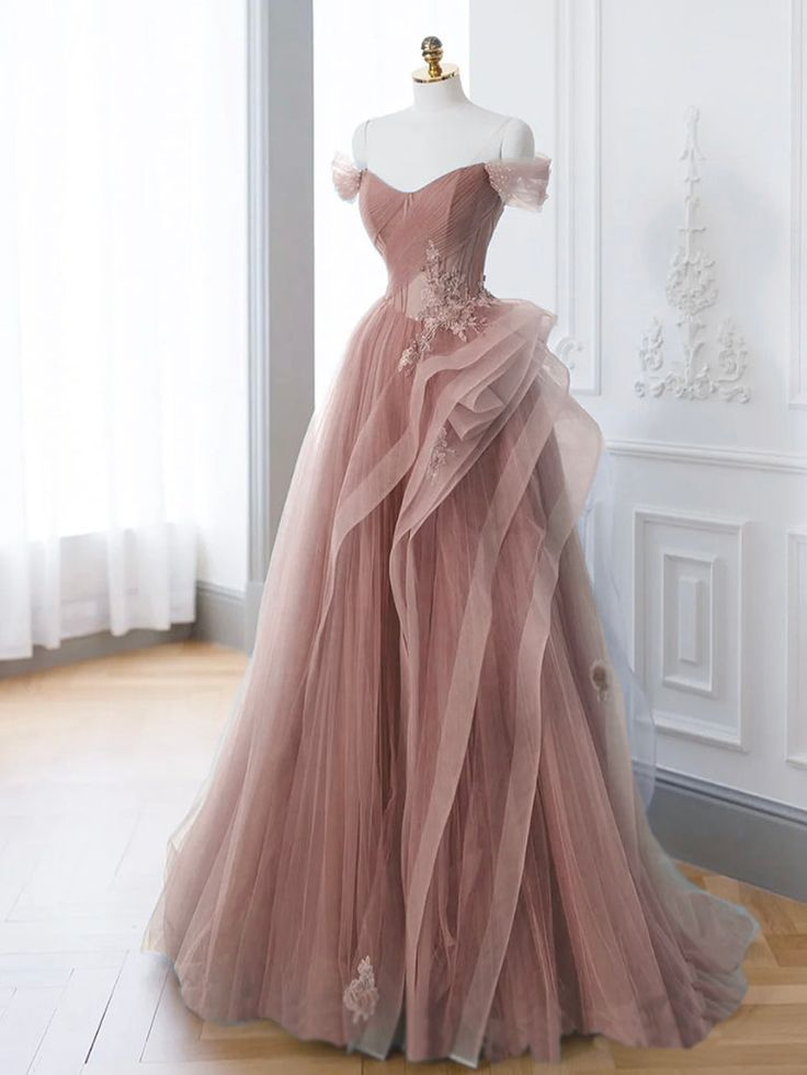 Rosa A-Linie Schulterfreies Langes Ballkleid Spitze Partykleid J4396