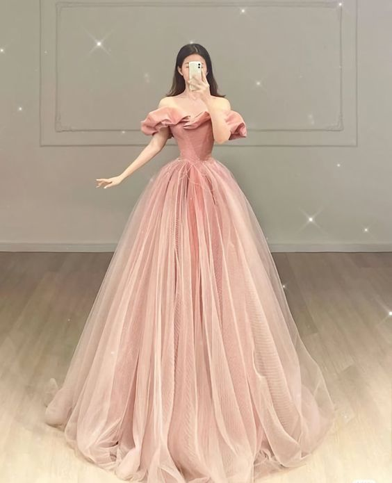 Robe de soirée longue en tulle rose J4397