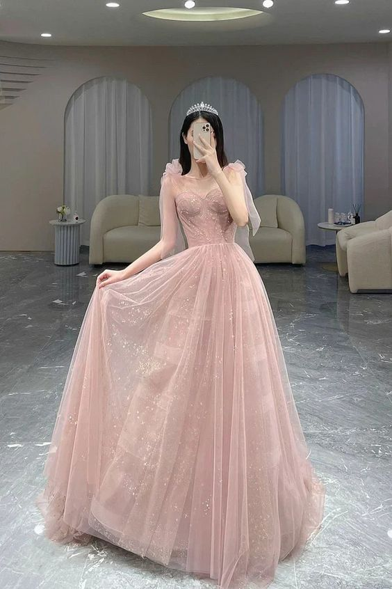 Robe de bal longue en tulle rose, coupe trapèze, jolie robe de remise de diplôme rose J4399