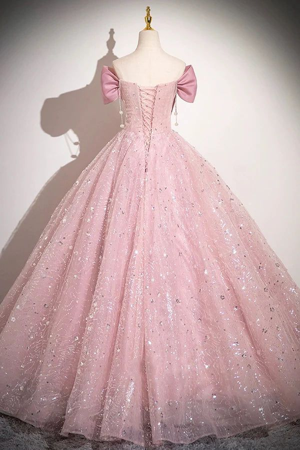 Robe de soirée longue trapèze en tulle rose à paillettes et épaules dénudées J4400