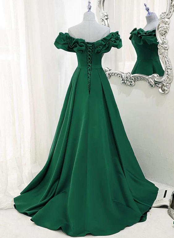 Robe de soirée verte à épaules dénudées et coupe trapèze J4423