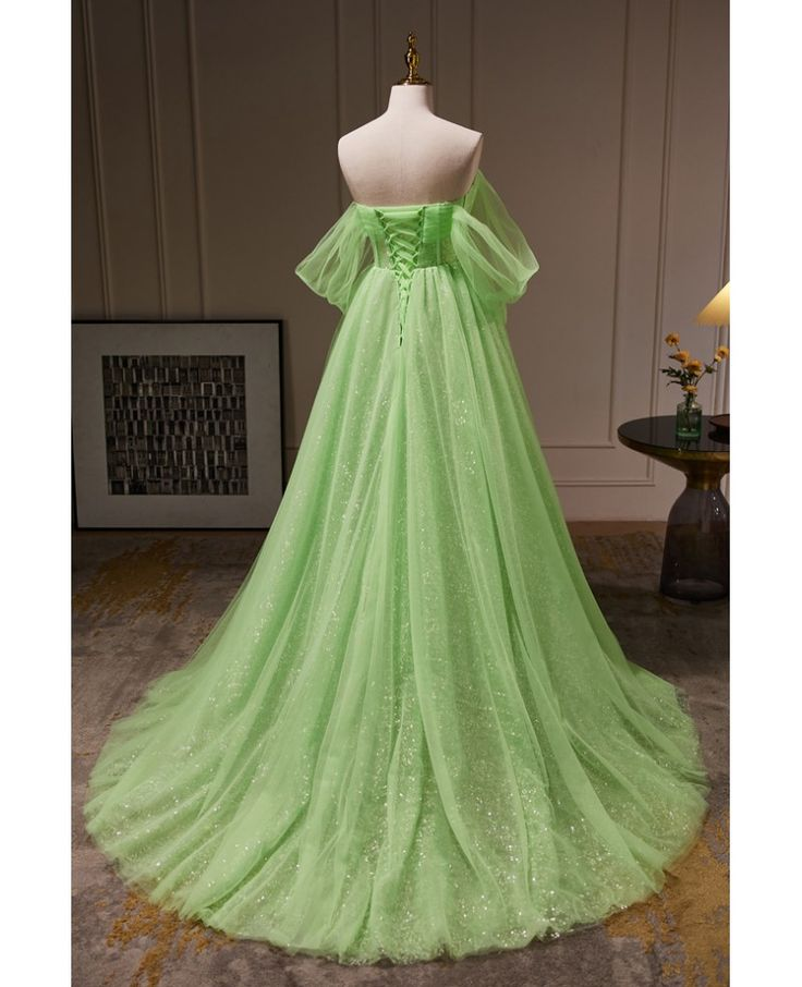 Schulterfreies, langes, grünes Tüll-Ballkleid in A-Linie, Prinzessinnenkleid J4424