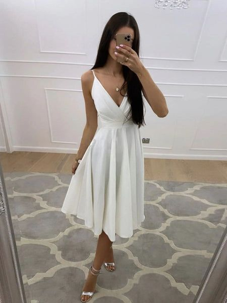 Robe de bal courte blanche à col en V et robe de soirée de remise de diplôme J4429