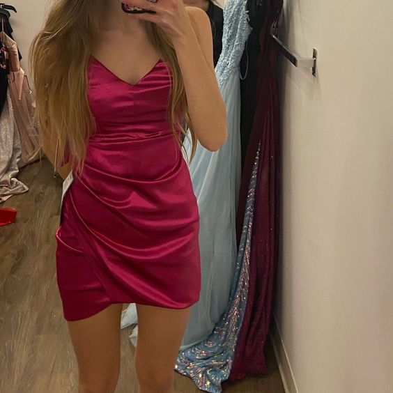 V Neck Pink Sheath Short Prom Dress Homecoming Gown J4458