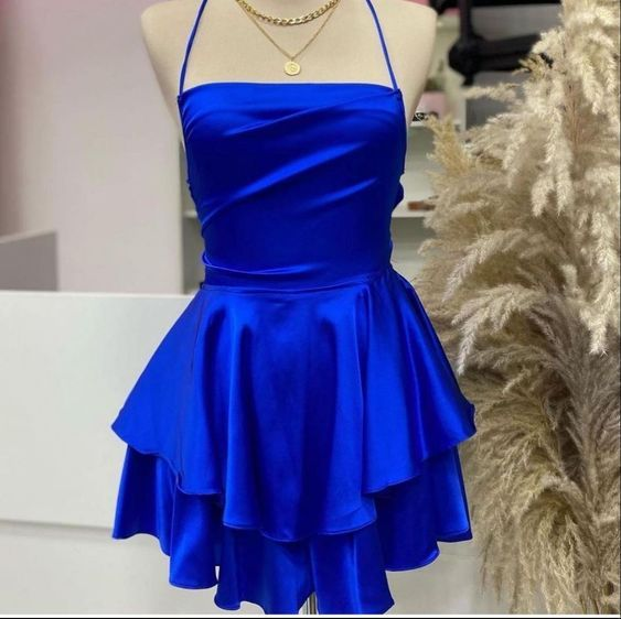 Robe de soirée vintage en satin bleu roi, coupe trapèze, tenue d'anniversaire, J4459
