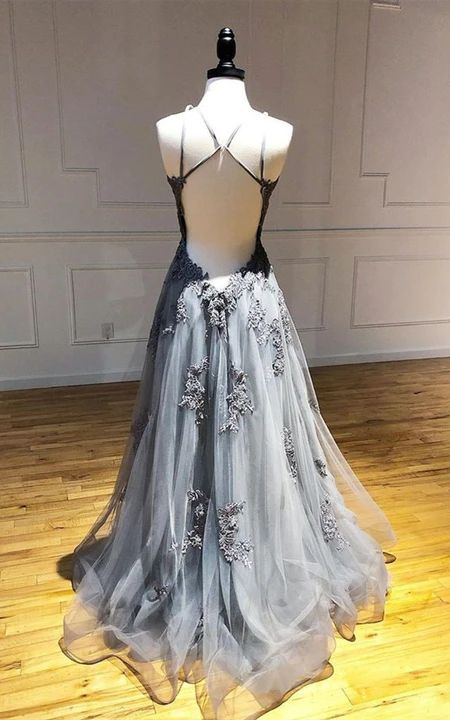A Line Lace Tulle Long Prom Dress Backless Wedding Dress J4461