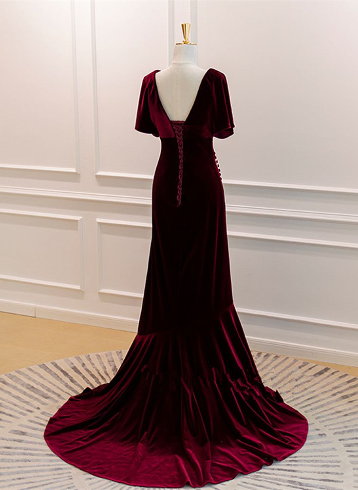 Wine Red Velvet Long Party Dress Formal Evening Prom Dress J4466
