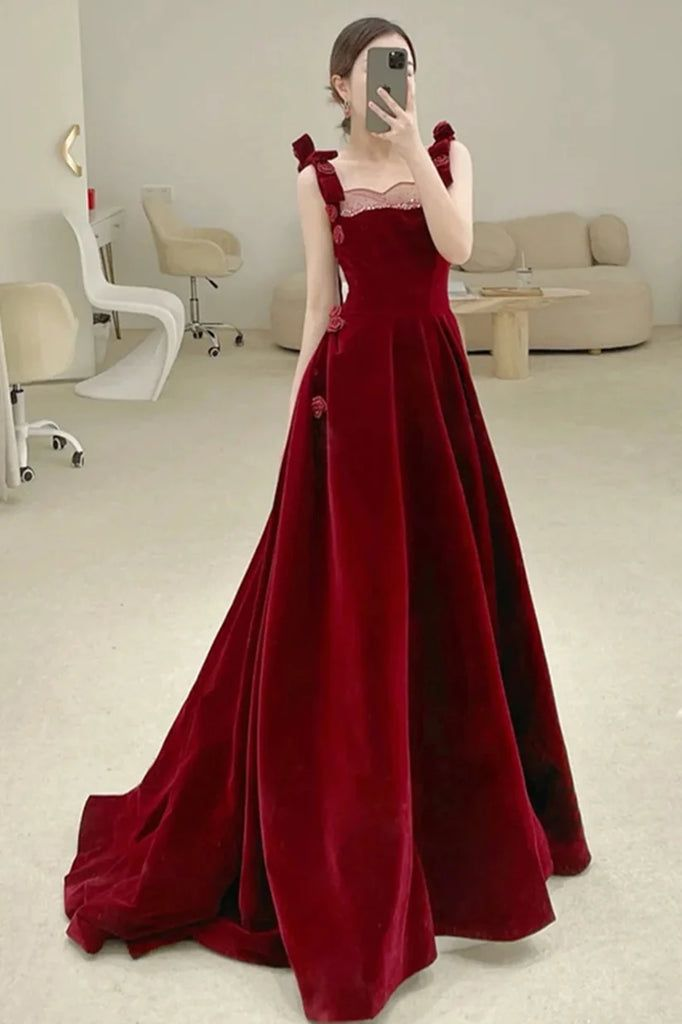 Robe de soirée longue en velours bordeaux J4467