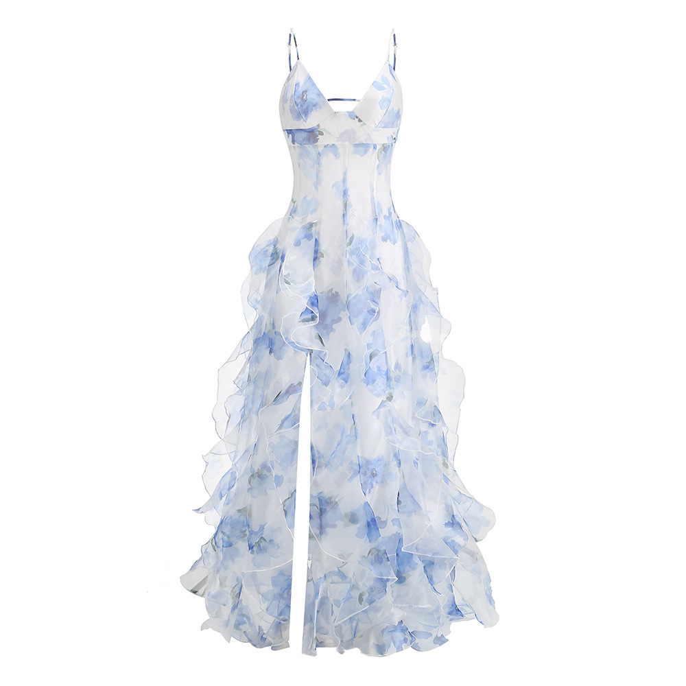 Robe de bal longue à bretelles spaghetti et volants, bleu ciel, motif floral, robe de soirée formelle, J4575