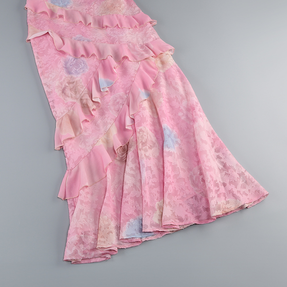 Robe de bal longue rose à bretelles spaghetti et imprimé floral, à volants, robe de soirée J4576