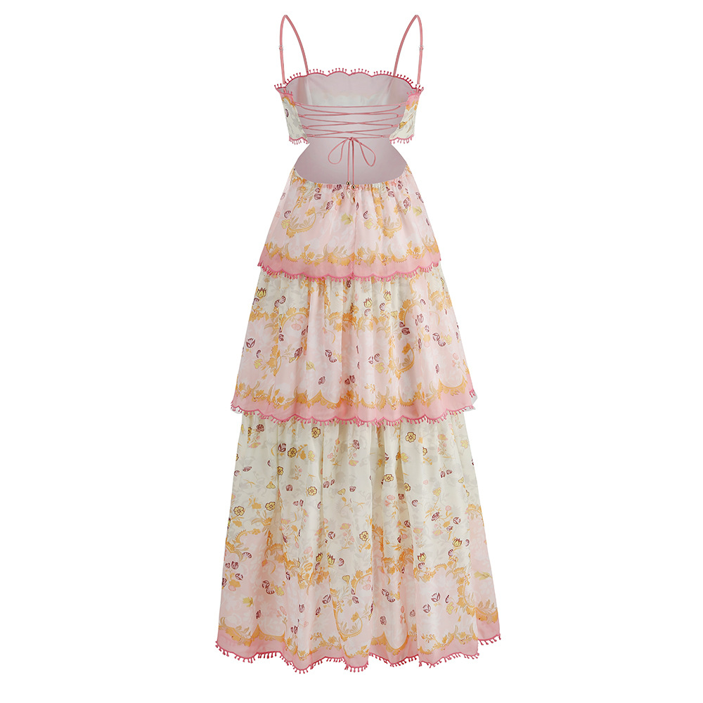 Robe de bal longue imprimée à bretelles spaghetti et à superpositions J4578