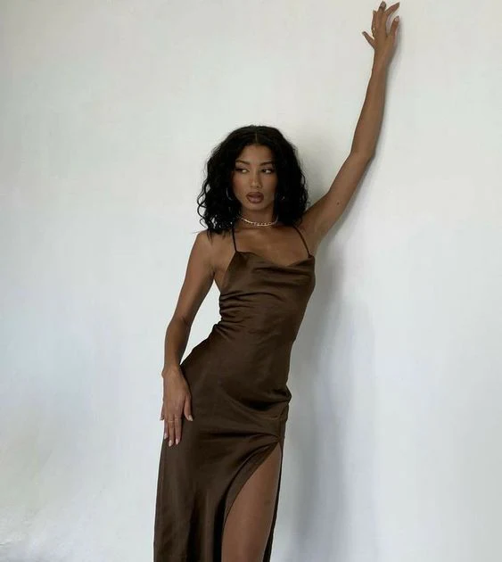 Robe de soirée marron sexy longue avec fente J4491