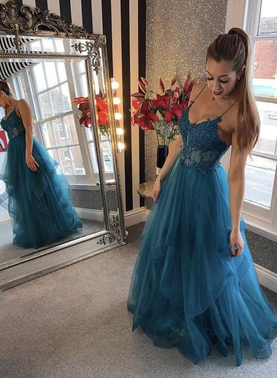 Blue Tulle Lace Long Prom Dress Evening Dress J4493