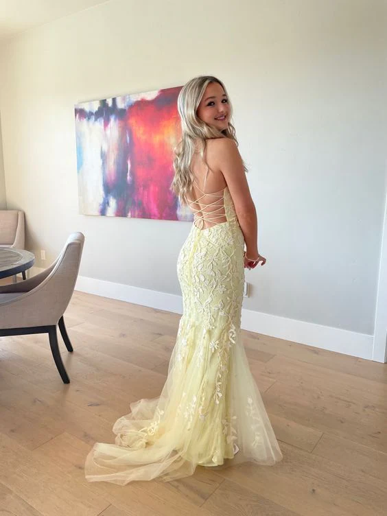 Elegant Yellow Backless Lace Prom Dress Yellow Formal Gown J4496