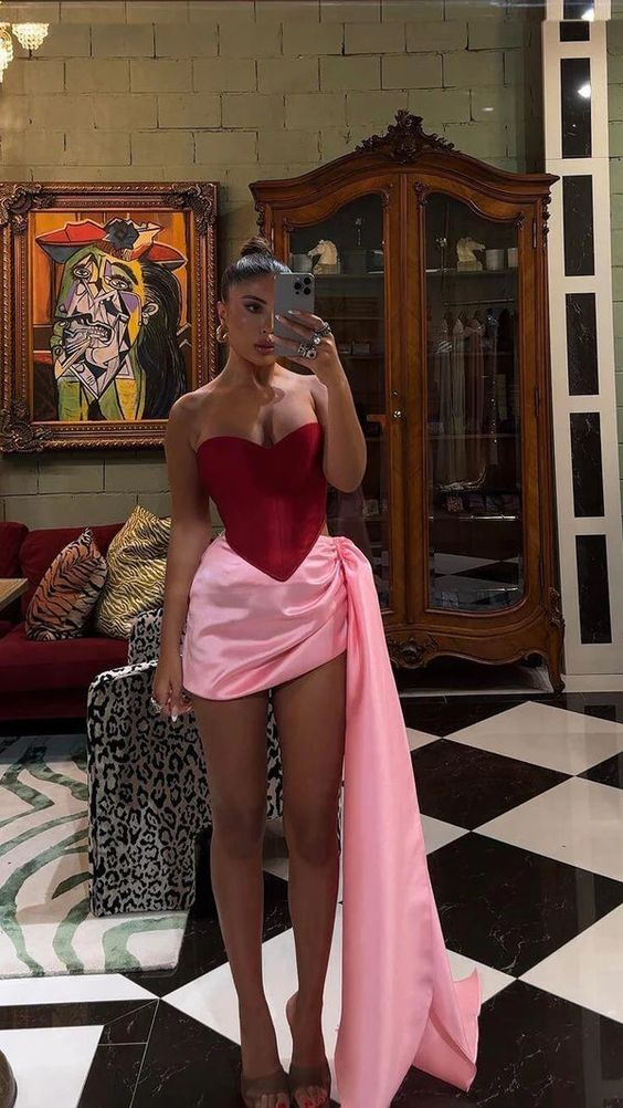 Herzförmiges kurzes Abendkleid Rosa Geburtstagskleid Homecoming-Kleid J4534