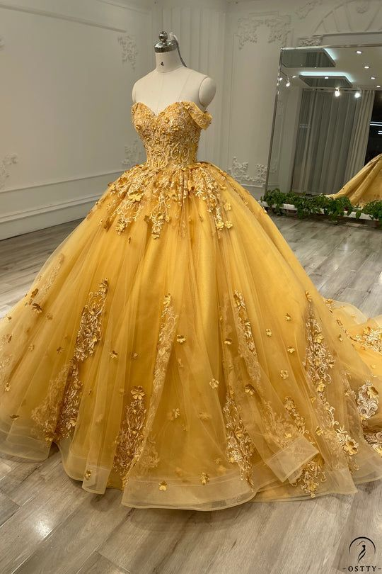 Robe de Quinceanera jaune à épaules dénudées, robe de bal en cœur, robe de soirée J4587