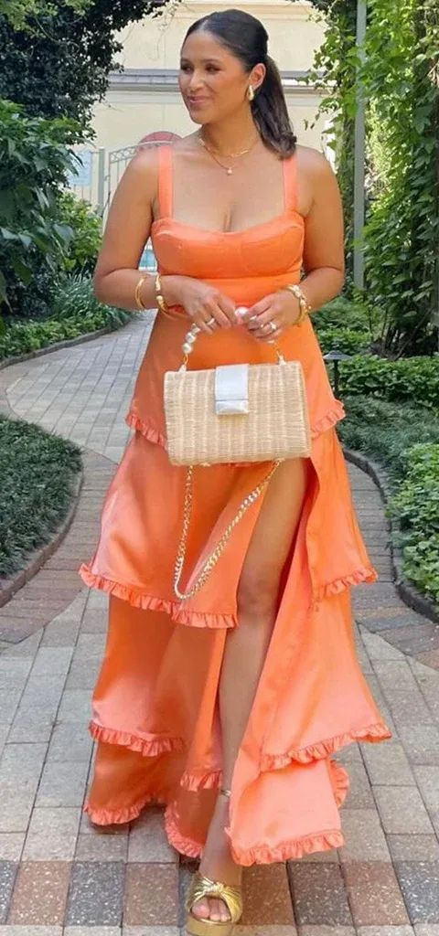 Robe de bal longue en satin à volants et fente latérale, coupe trapèze, robe de demoiselle d'honneur, J4547