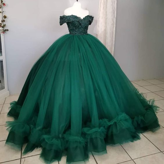 Schulterfreies, tiefgrünes Ballkleid für Quinceanera-Kleider J4590